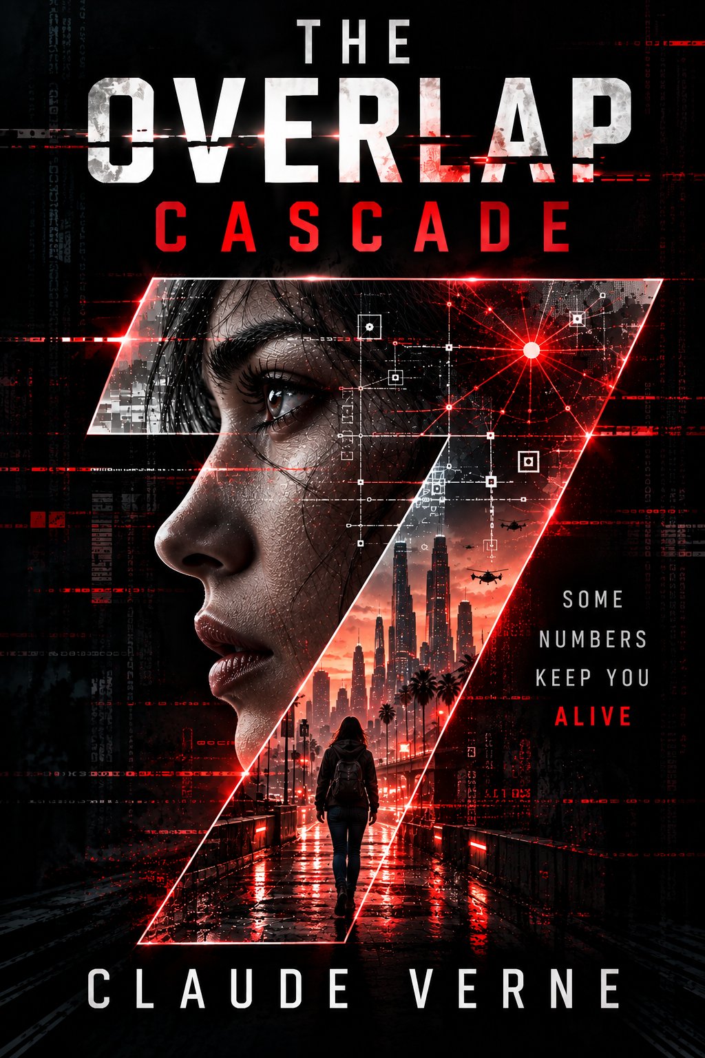 Cover of The Overlap Cascade by Claude Verne: a woman's face in profile beside a red figure seven, with a city at dusk inside it.